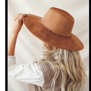 Lulus Cognac Brown Faux Suede Wide Brim Fedora Hat Braided Band RN157656